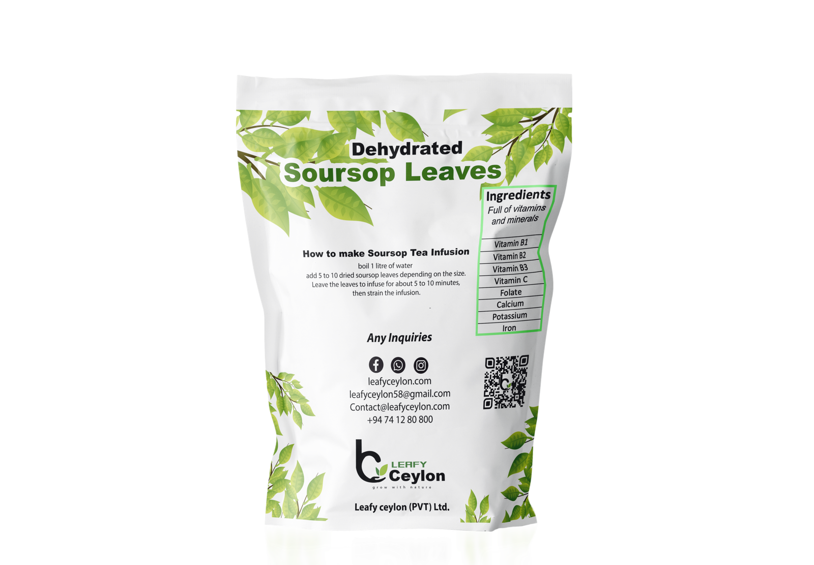 Rear panel of a Leafy Ceylon dehydrated soursop leaves pouch