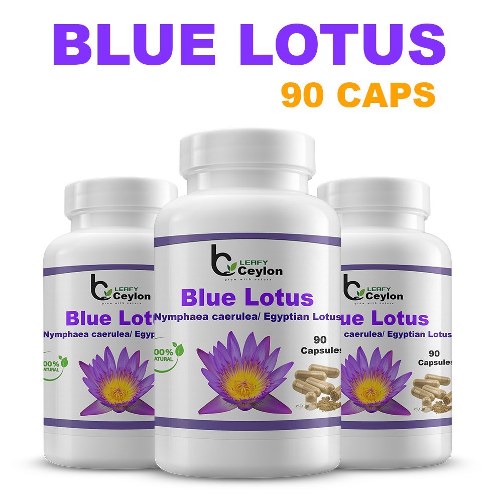 Three Leafy Ceylon blue lotus capsule bottles below the words Blue Lotus 90 Caps