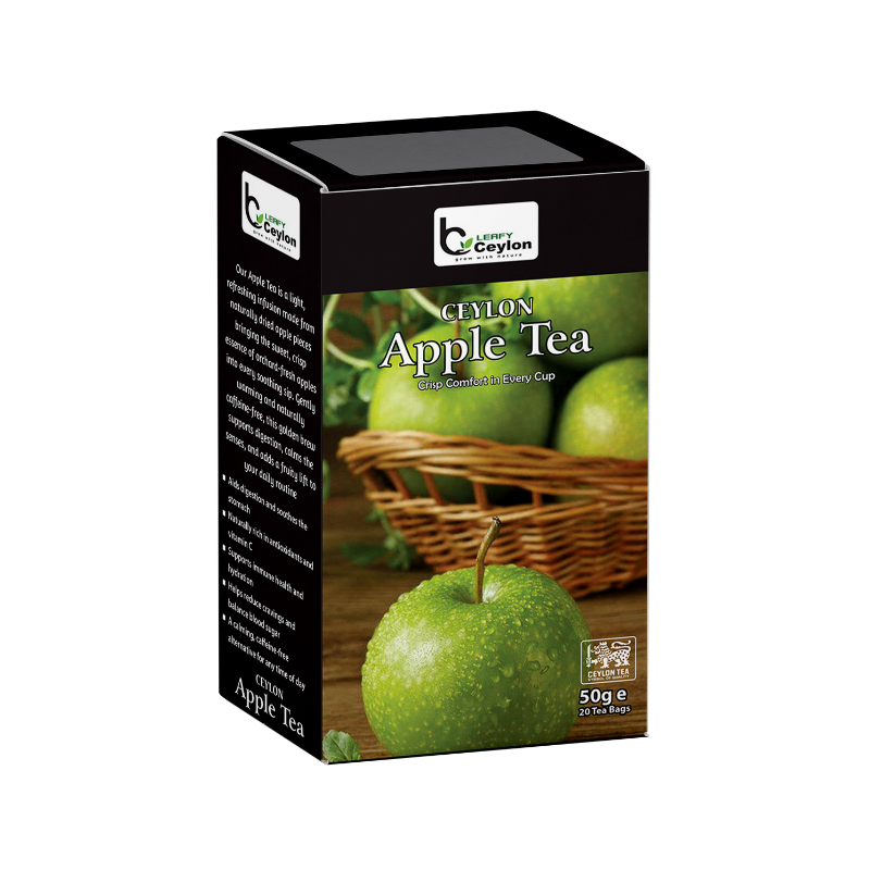 Angled view of a Leafy Ceylon apple tea box