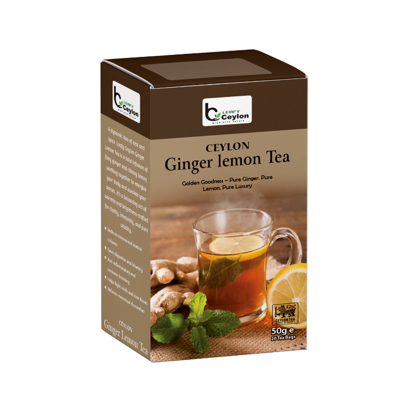 Front view of a Leafy Ceylon ginger lemon tea box