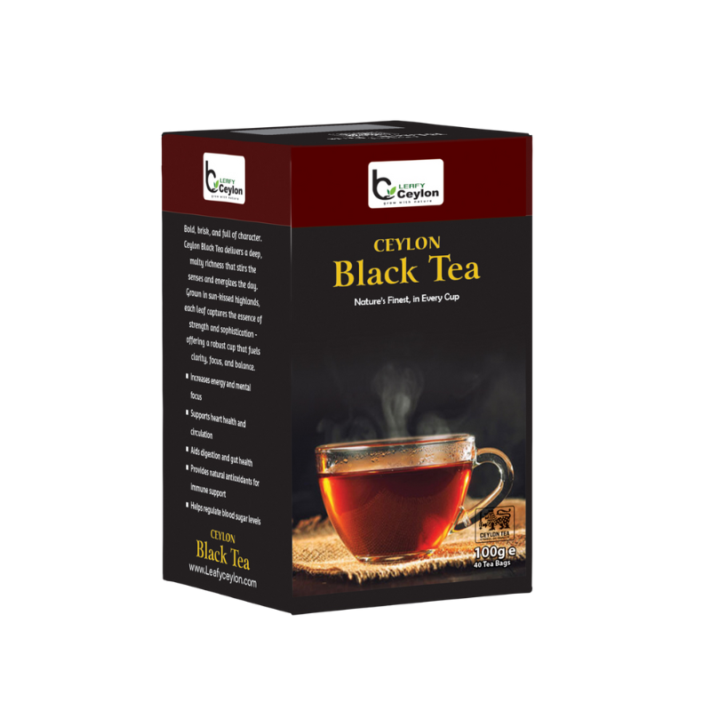 Angled view of a Leafy Ceylon black tea box