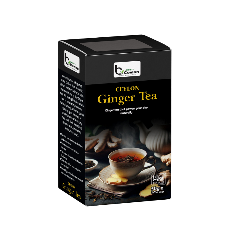 Angled view of a Leafy Ceylon ginger tea box