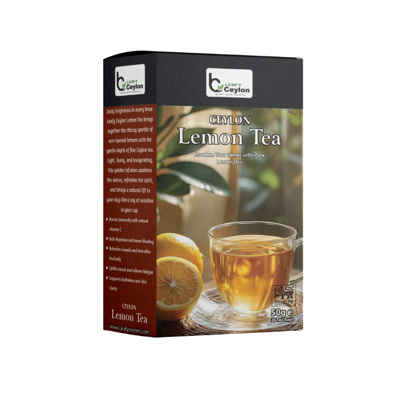 Angled view of a Leafy Ceylon lemon tea box