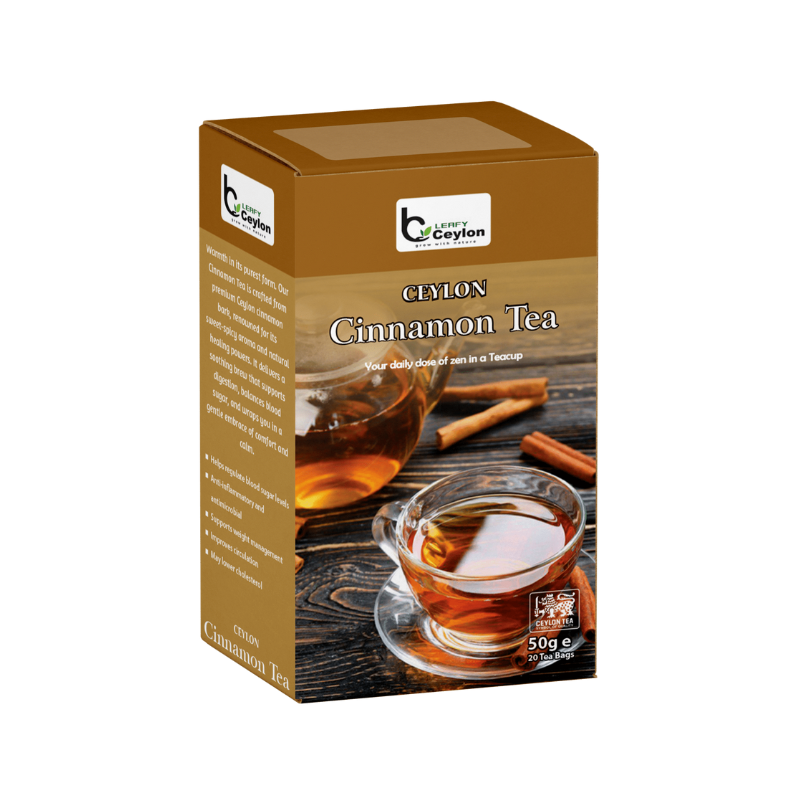 Angled view of a Leafy Ceylon cinnamon tea box