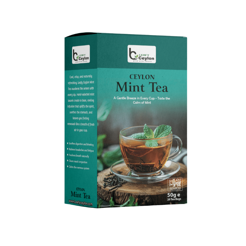 Angled view of a Leafy Ceylon mint tea box
