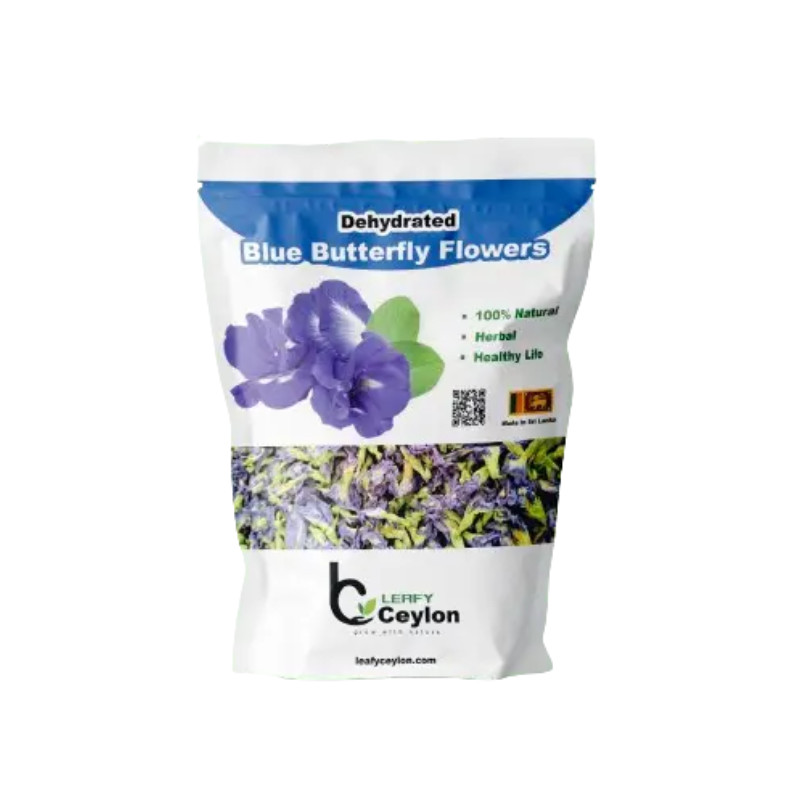 Leafy Ceylon pouch of dehydrated blue butterfly pea flowers