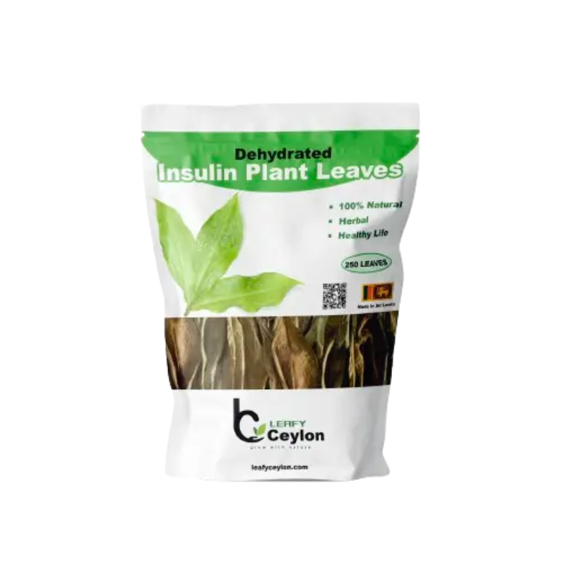 Leafy Ceylon pouch labeled dehydrated insulin plant leaves