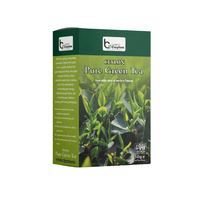 Angled view of a Leafy Ceylon green tea box