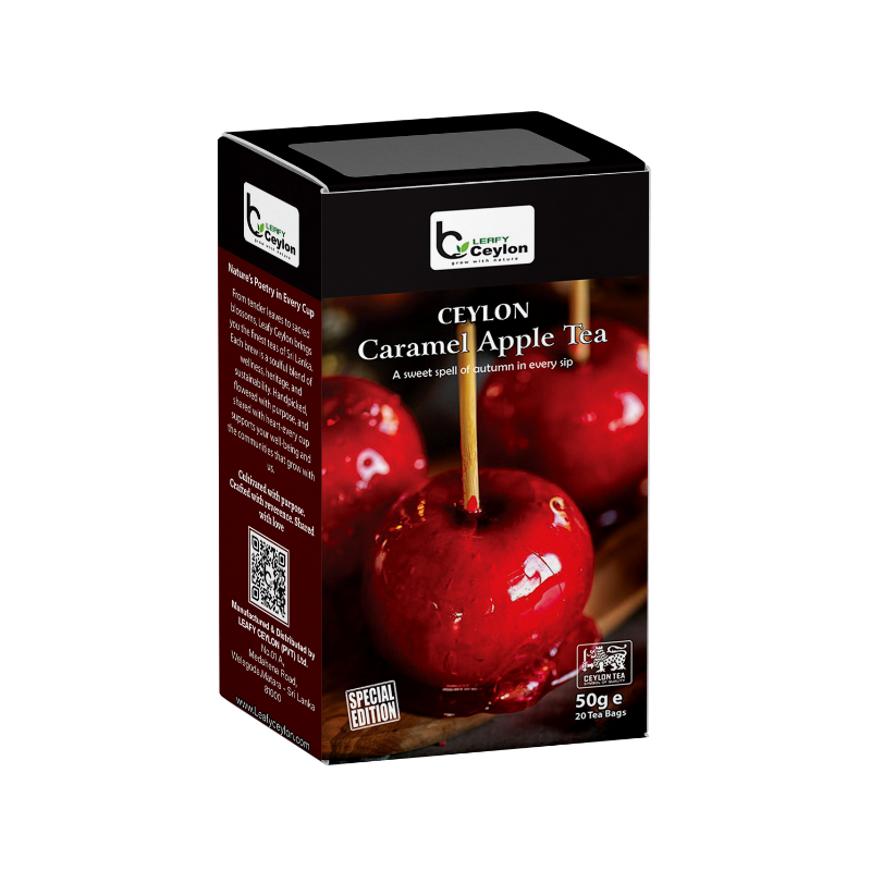 Angled view of a Leafy Ceylon caramel apple tea box