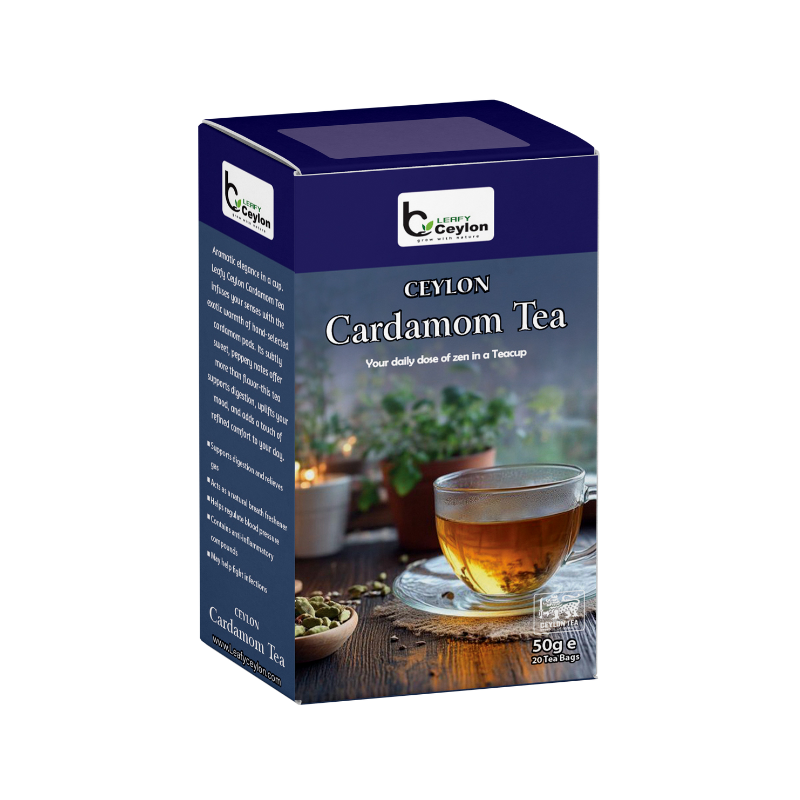 Front view of a Leafy Ceylon cardamom tea box
