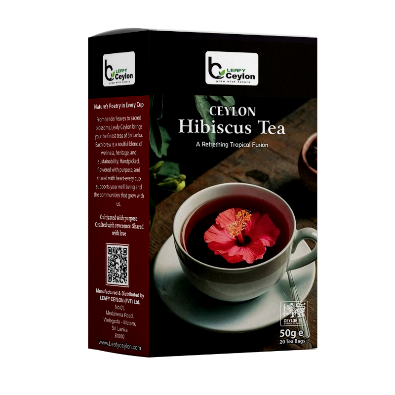 Front view of a Leafy Ceylon hibiscus tea box