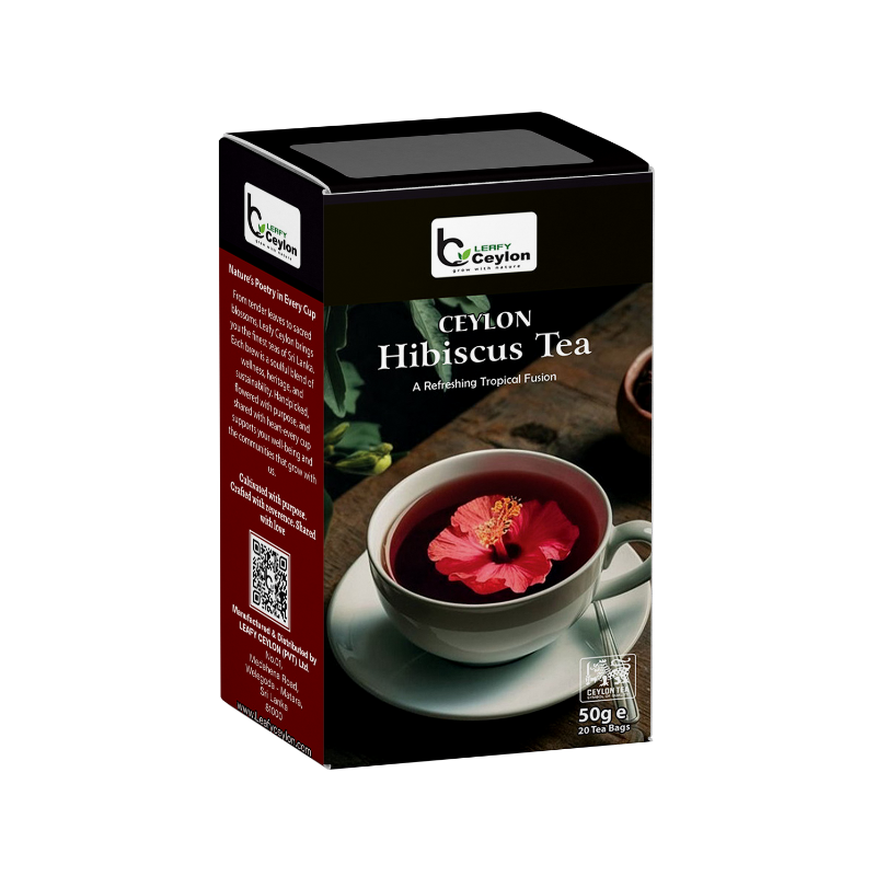 Angled view of a Leafy Ceylon hibiscus tea box
