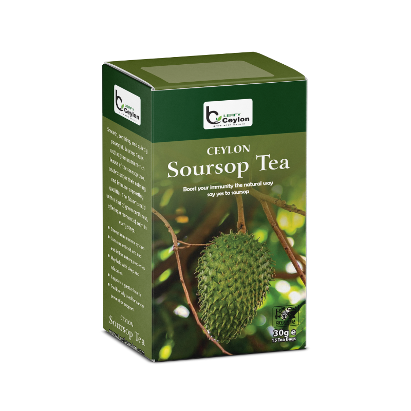 Front view of a Leafy Ceylon soursop tea box