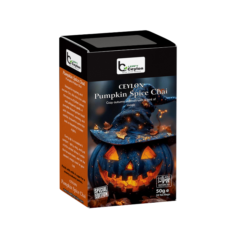 Angled view of a Leafy Ceylon pumpkin spice chai box