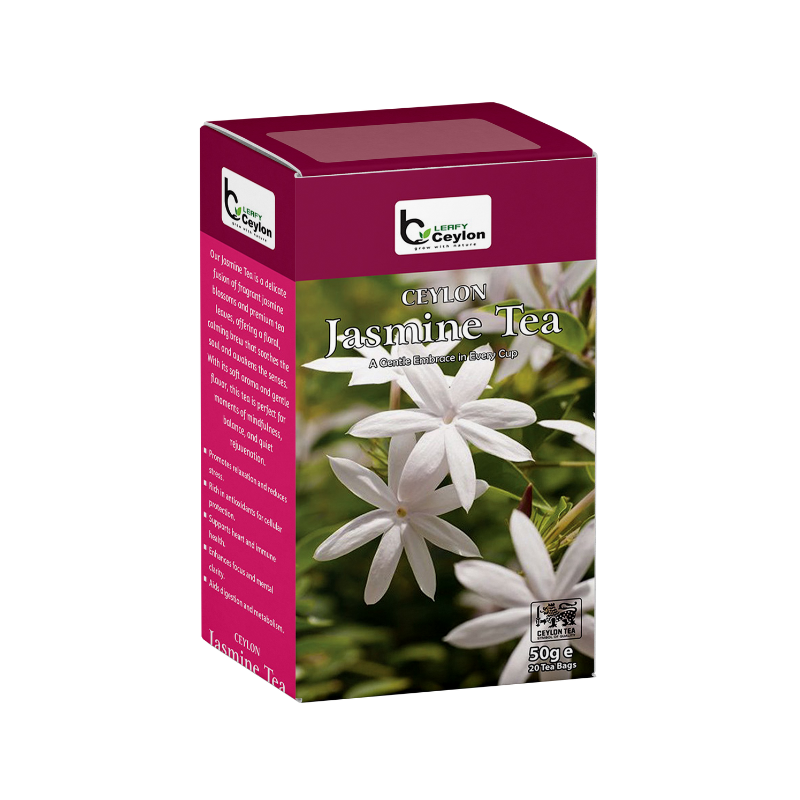 Angled view of a Leafy Ceylon jasmine tea box