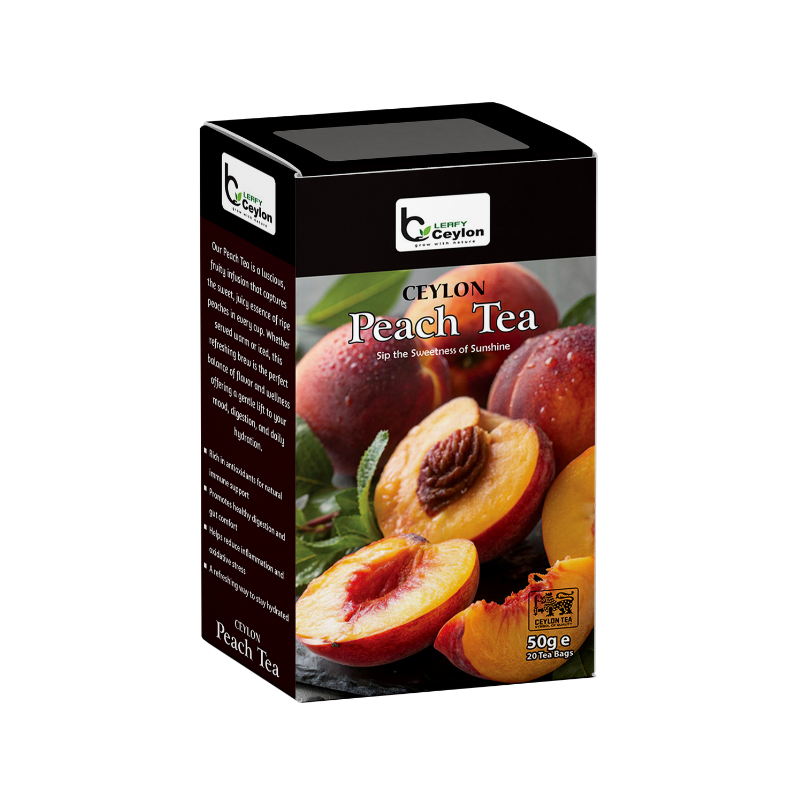 Angled view of a Leafy Ceylon peach tea box