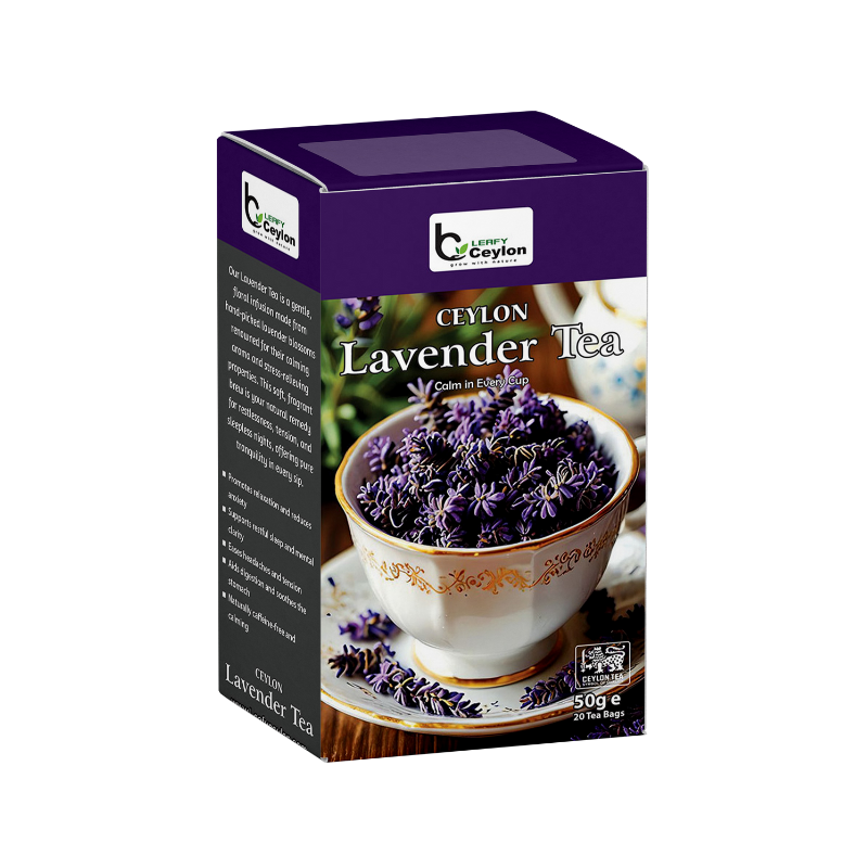 Angled view of a Leafy Ceylon lavender tea box