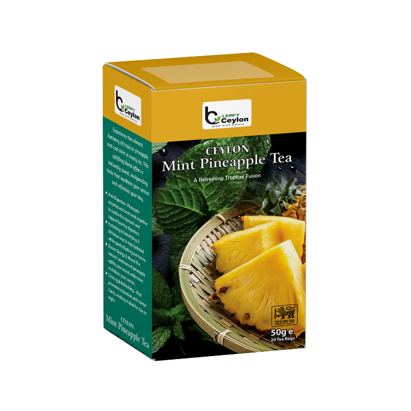Angled view of a Leafy Ceylon mint pineapple tea box