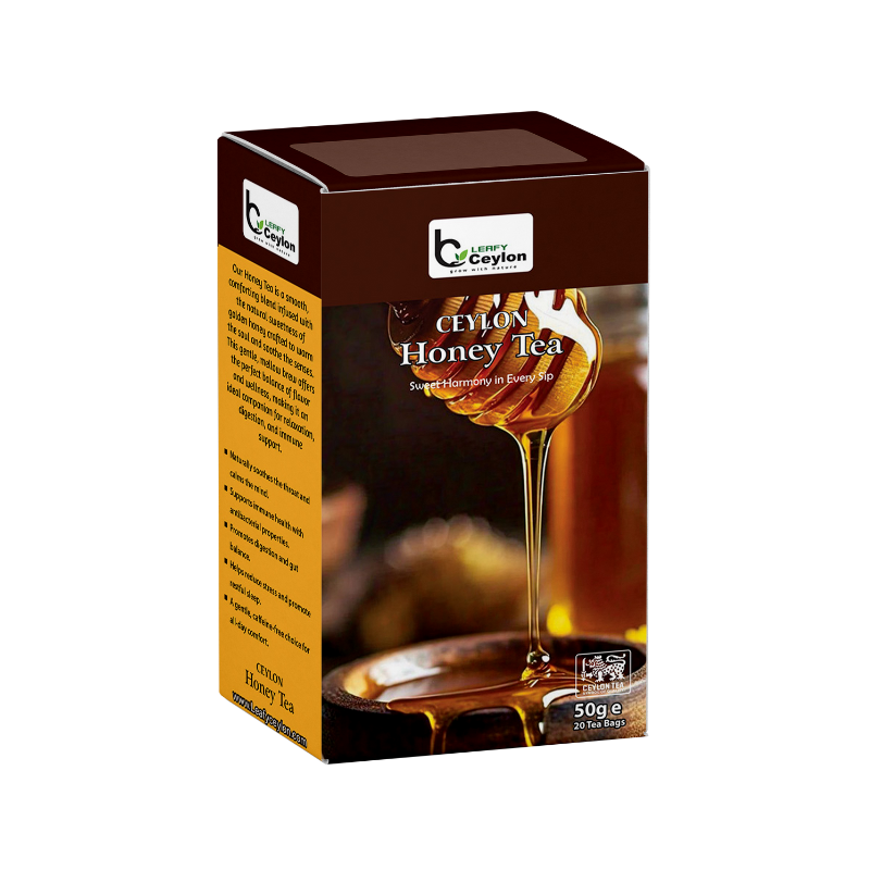 Angled view of a Leafy Ceylon honey tea box