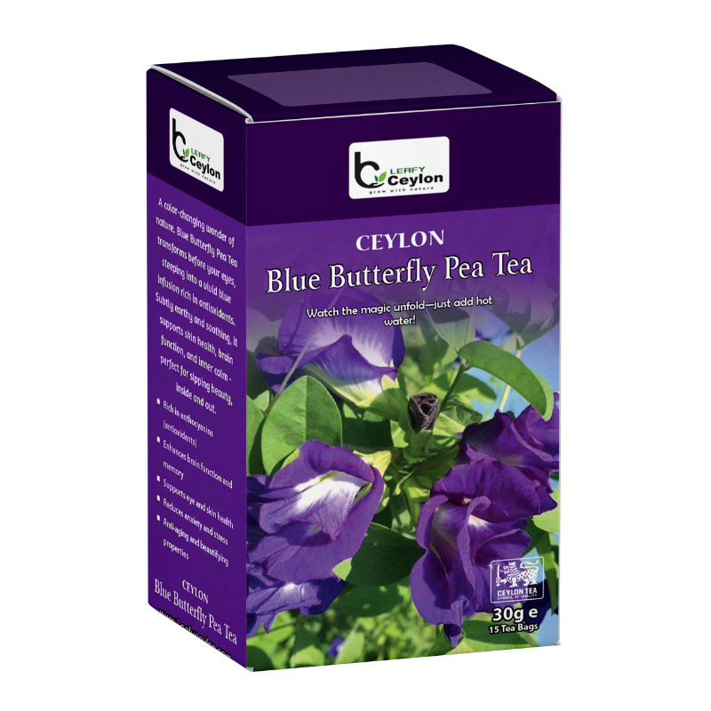Front view of a Leafy Ceylon blue butterfly pea tea box