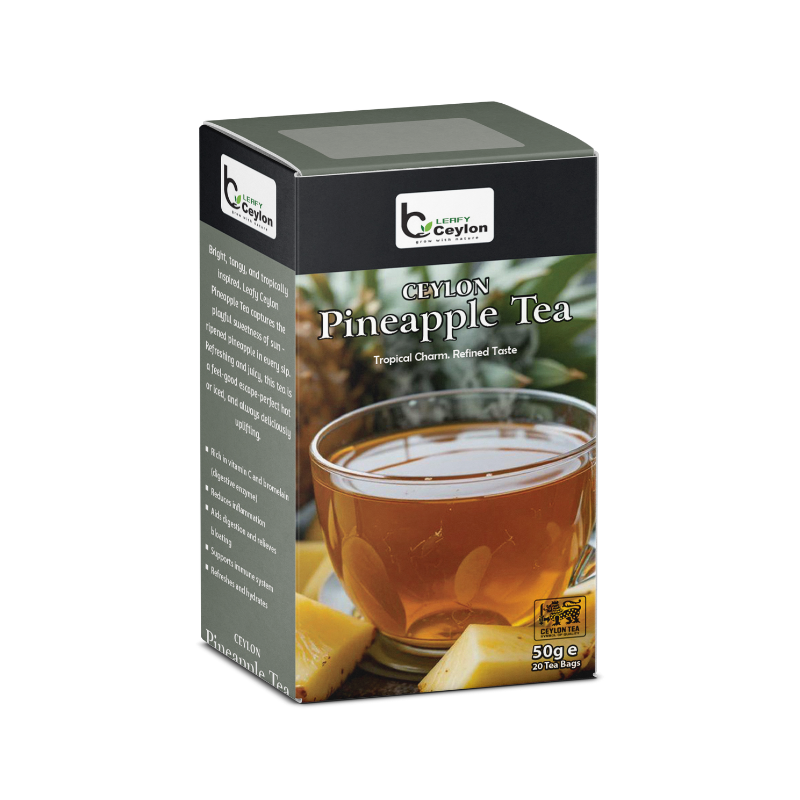 Front view of a Leafy Ceylon pineapple tea box