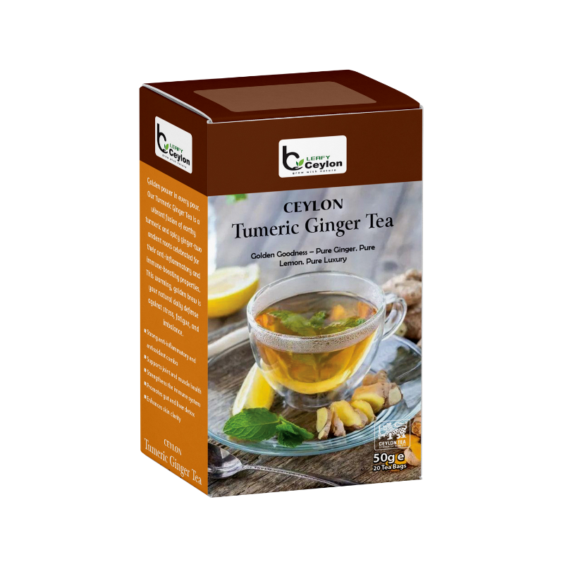 Front view of a Leafy Ceylon turmeric ginger tea box