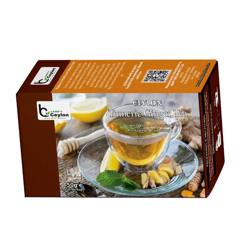 Side view of a Leafy Ceylon turmeric ginger tea box