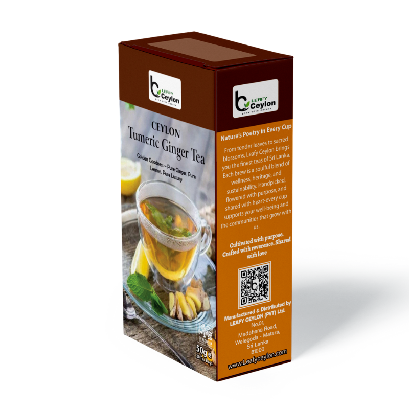 Rear view of a Leafy Ceylon turmeric ginger tea box