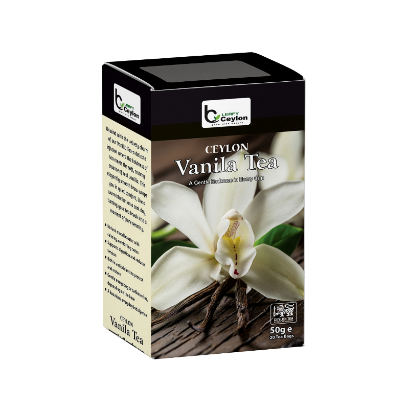 Angled view of a Leafy Ceylon vanilla tea box