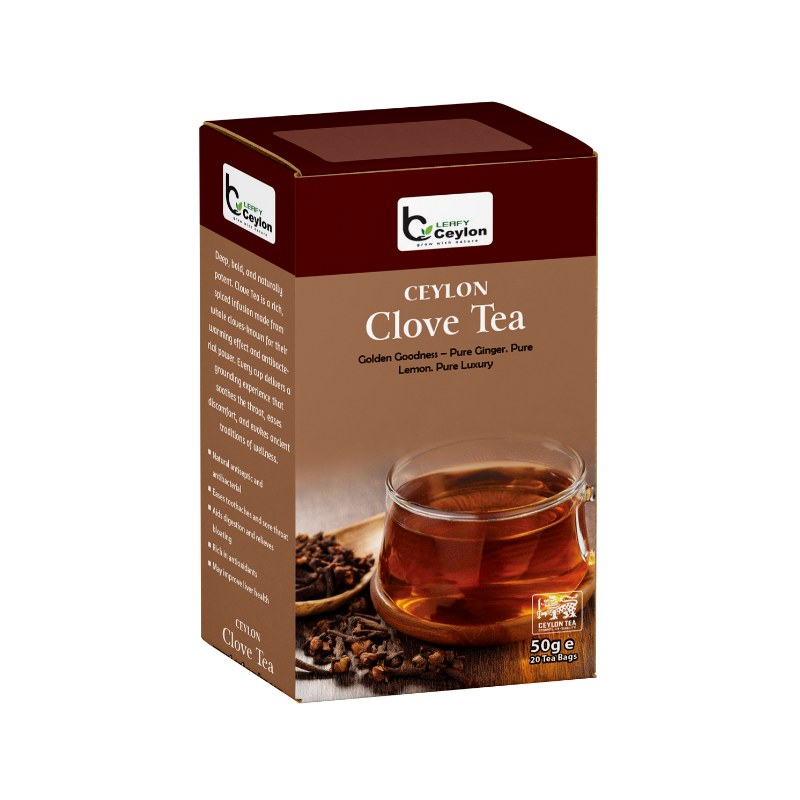 Front view of a Leafy Ceylon clove tea box